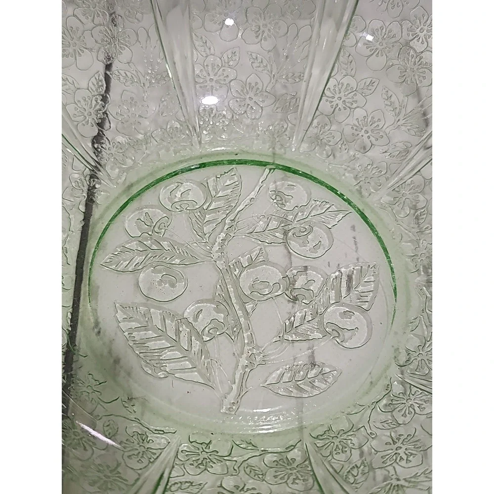 VTG Jeanette Cherry Blossom Green Depression Glass Serving Bowl with handles